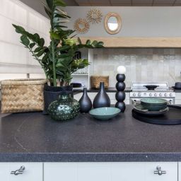 Noblesse Blue Granite Slab shown on a kitchen countertop